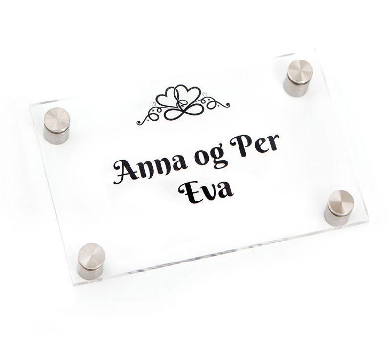 Dørskilt i klar akryl med avstandsstykker i stål    11x17 cm