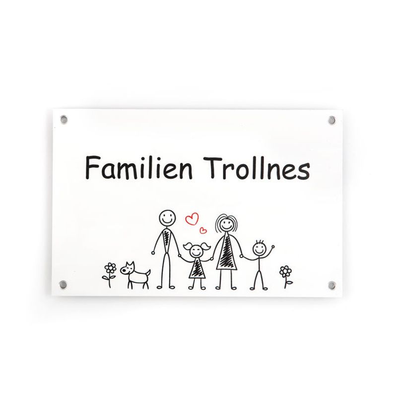 Dørskilt med familie og hund  11x17 cm